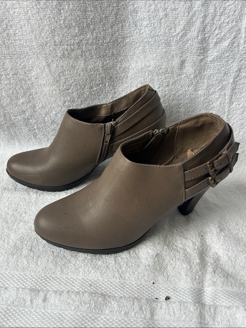White Mountain Taupe Heeled Ankle Booties with Buckle Straps